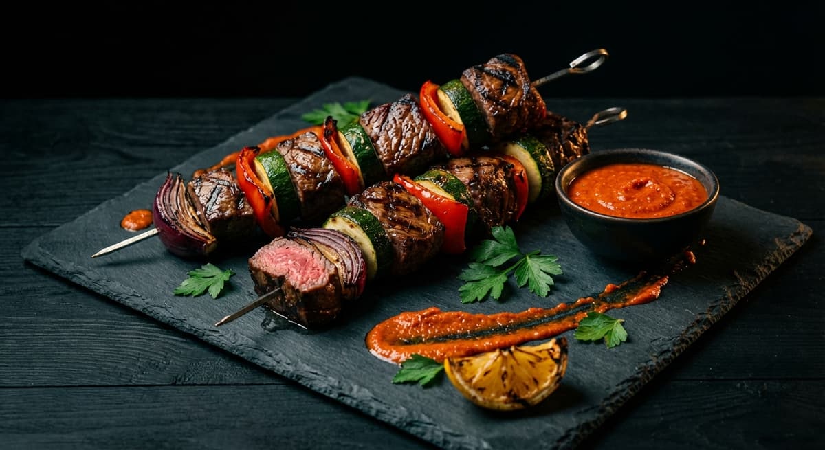 Grass-Fed Beef & Roasted Vegetable Skewers with Romesco Sauce
