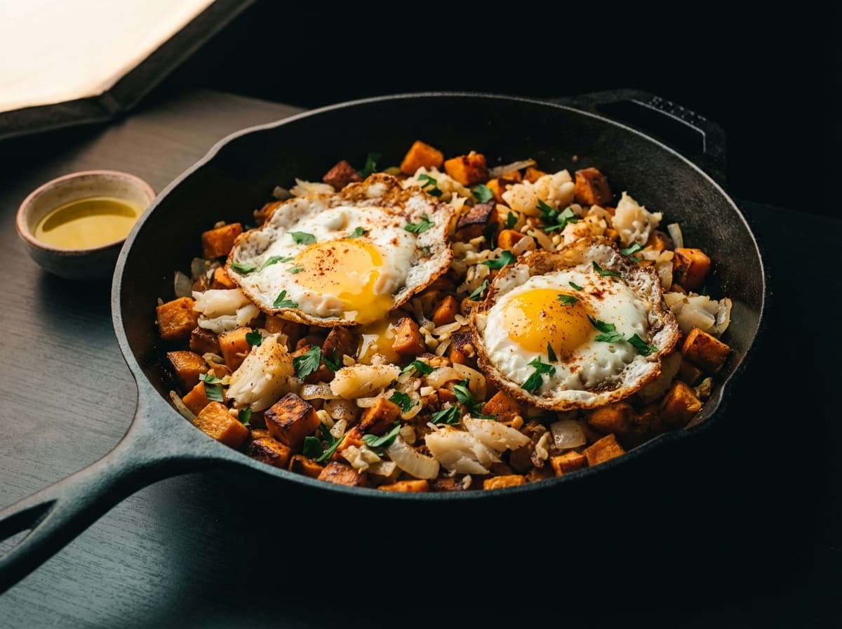 Portuguese Cod & Sweet Potato Hash with Crispy Eggs